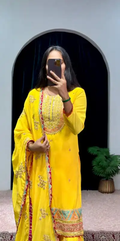 ST 1050 Yellow Color Georgette Embroidery Stone & Mirror Salwar Suit Casual, Wedding, Party, Festive, Events Etc. Expected Delivery 4-6 Working Days @2199/- | Jump Suits, Salwar suit, Designer Suits, Casual Suits, Creative suits, Palazzo Suits, Party Wear Suits, Patiala Suits, Straight Suits