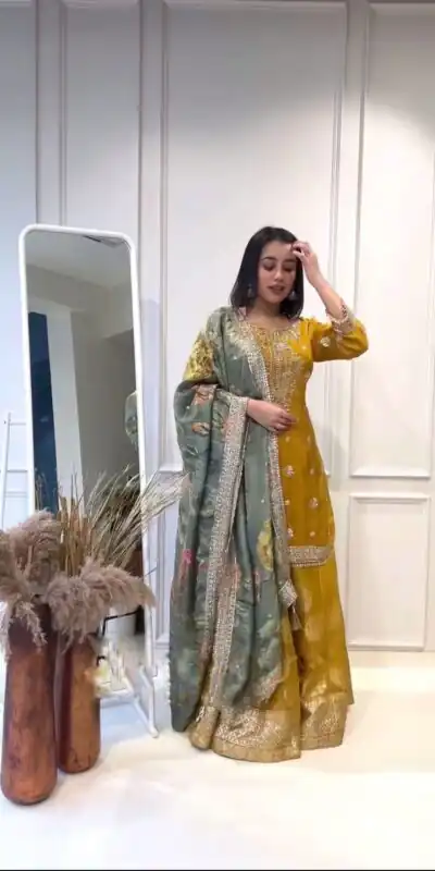 NSR 807 Yellow Color Pure Heavy Chinnon Silk Embroidery Salwar Suit Casual, Party Festive, Events Etc. Expected Delivery 4-6 Working Days @2199/ | Jump Suits, Salwar suit, Designer Suits, Casual Suits, Creative suits, Palazzo Suits, Party Wear Suits, Patiala Suits, Straight Suits