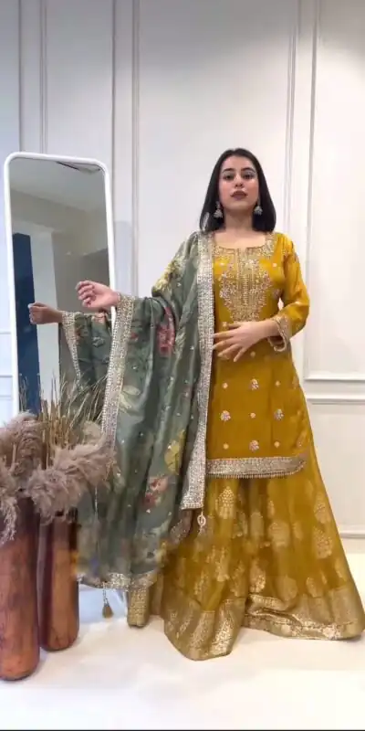 NSR 807 Yellow Color Pure Heavy Chinnon Silk Embroidery Salwar Suit Casual, Party Festive, Events Etc. Expected Delivery 4-6 Working Days @2199/ | Jump Suits, Salwar suit, Designer Suits, Casual Suits, Creative suits, Palazzo Suits, Party Wear Suits, Patiala Suits, Straight Suits