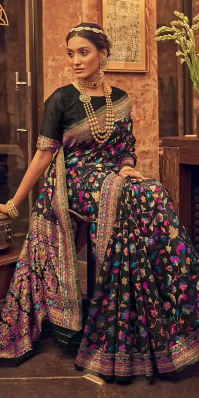 DDF 502 Black Color Kashmiri Running Thread Zari Work Saree Casual, Party Wear, Events, Festivals Etc. Expected Delivery 4-6 Working Days 2399/- | Sarees, Bollywood Sarees, Creative Sarees, Designer Sarees, Embroidered Sarees, Ethnic Saree, Modern Digital sarees, Party Wear Sarees