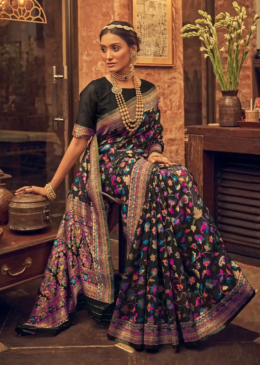 DDF 502 Black Color Kashmiri Running Thread Zari Work Saree Casual, Party Wear, Events, Festivals Etc. Expected Delivery 4-6 Working Days 2399/- | Sarees, Bollywood Sarees, Creative Sarees, Designer Sarees, Embroidered Sarees, Ethnic Saree, Modern Digital sarees, Party Wear Sarees