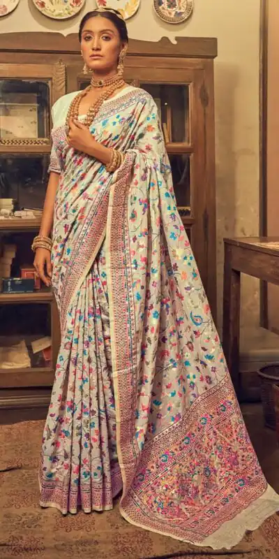 DDF 502 Cream Color Kashmiri Running Thread Zari Work Saree Casual, Party Wear, Events, Festivals Etc. Expected Delivery 4-6 Working Days 2399/- | Sarees, Bollywood Sarees, Creative Sarees, Designer Sarees, Embroidered Sarees, Ethnic Saree, Modern Digital sarees, Party Wear Sarees