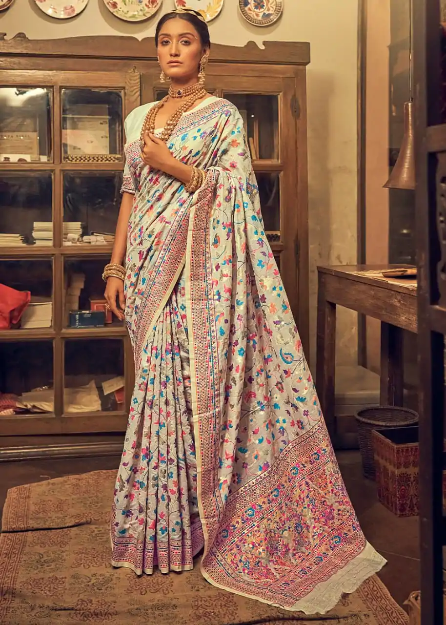 DDF 502 Cream Color Kashmiri Running Thread Zari Work Saree Casual, Party Wear, Events, Festivals Etc. Expected Delivery 4-6 Working Days 2399/- | Sarees, Bollywood Sarees, Creative Sarees, Designer Sarees, Embroidered Sarees, Ethnic Saree, Modern Digital sarees, Party Wear Sarees