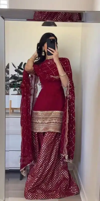 SRK 5164 Maroon Color Georgette Embroidery Sequence Salwar Suit Wedding, Party, Festive, Events Expected Delivery 4-6 Working Days @ 2199/- | Salwar suit, Designer Suits, Casual Suits, Creative suits, Palazzo Suits, Party Wear Suits, Patiala Suits, Straight Suits