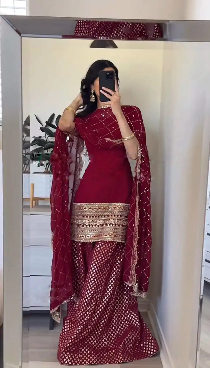 SRK 5164 Maroon Color Georgette Embroidery Sequence Salwar Suit Wedding, Party, Festive, Events Expected Delivery 4-6 Working Days @ 2199/- | Salwar suit, Designer Suits, Casual Suits, Creative suits, Palazzo Suits, Party Wear Suits, Patiala Suits, Straight Suits