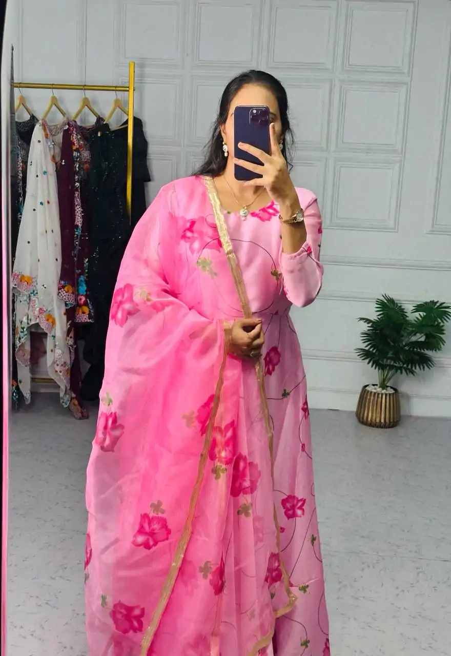 ST 1019 Pink Color Satin Georgette With Digital Print Anarkali Suit Casual, Wedding, Party, Festive, Events Etc. Expected Delivery 4-6 Working Days @1399/- | Anarkali Suits, Bollywood Anarkali, Creative-Anarkali, Designer Anarkali, Embroidered Anarkali, Party Wear Anarkali