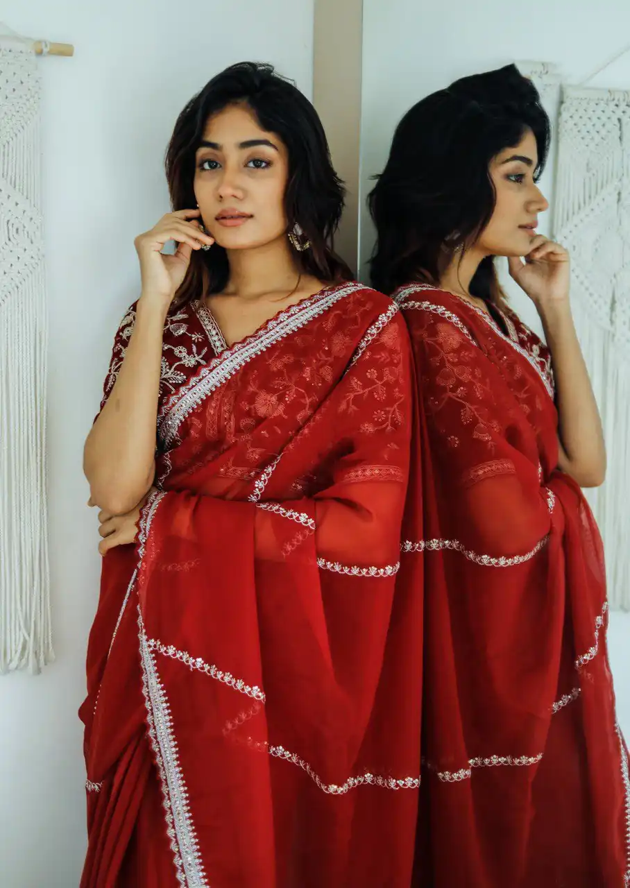  AC CADBURY Red Color Pure Soft Organza Zari Sequence Saree Casual, Wedding, Festive, Events Expected Delivery 4-6 Working Days @1949/- | Sarees, Bollywood Sarees, Creative Sarees, Designer Sarees, Embroidered Sarees, Ethnic Saree, Modern Digital sarees, Party Wear Sarees