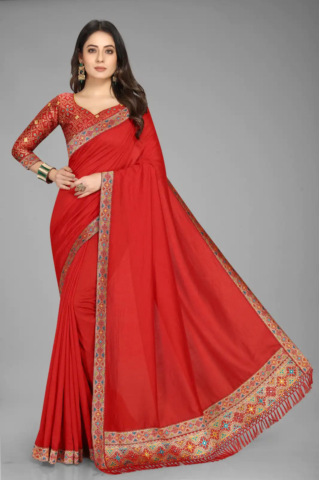 DDH Red Color Vichitra Silk Rich Pallu Jacquard Border Saree Events Casual, Wedding, Festive, Events Etc. Expected Delivery  4-6 Working Days @1549/- | Sarees, Bollywood Sarees, Creative Sarees, Designer Sarees, Embroidered Sarees, Ethnic Saree, Modern Digital sarees, Party Wear Sarees