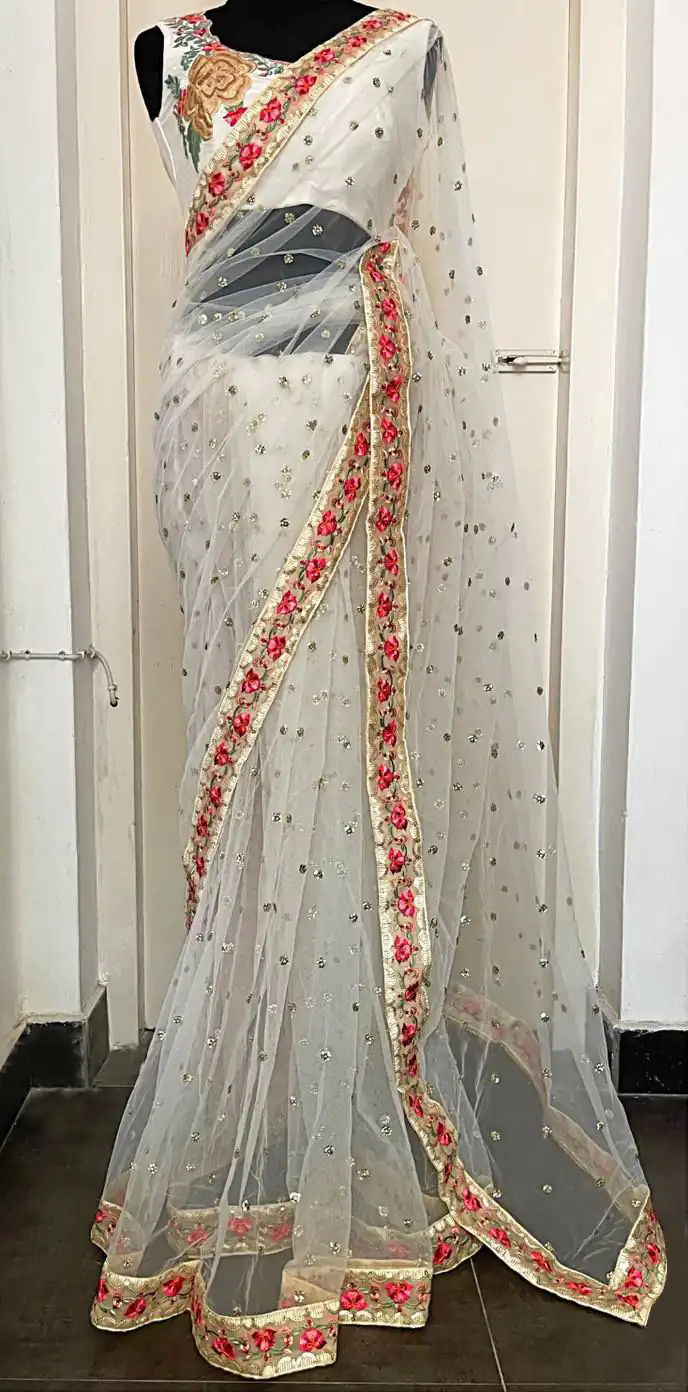 KT 233 White Color Nylon Butterfly Net Thread & Zari Work Saree Blouse: Bangalore Silk Casual, Party Wear, Wedding   Expected Delivery 4-6 Working Days@1799/- | Sarees, Bollywood Sarees, Creative Sarees, Designer Sarees, Embroidered Sarees, Party Wear Sarees