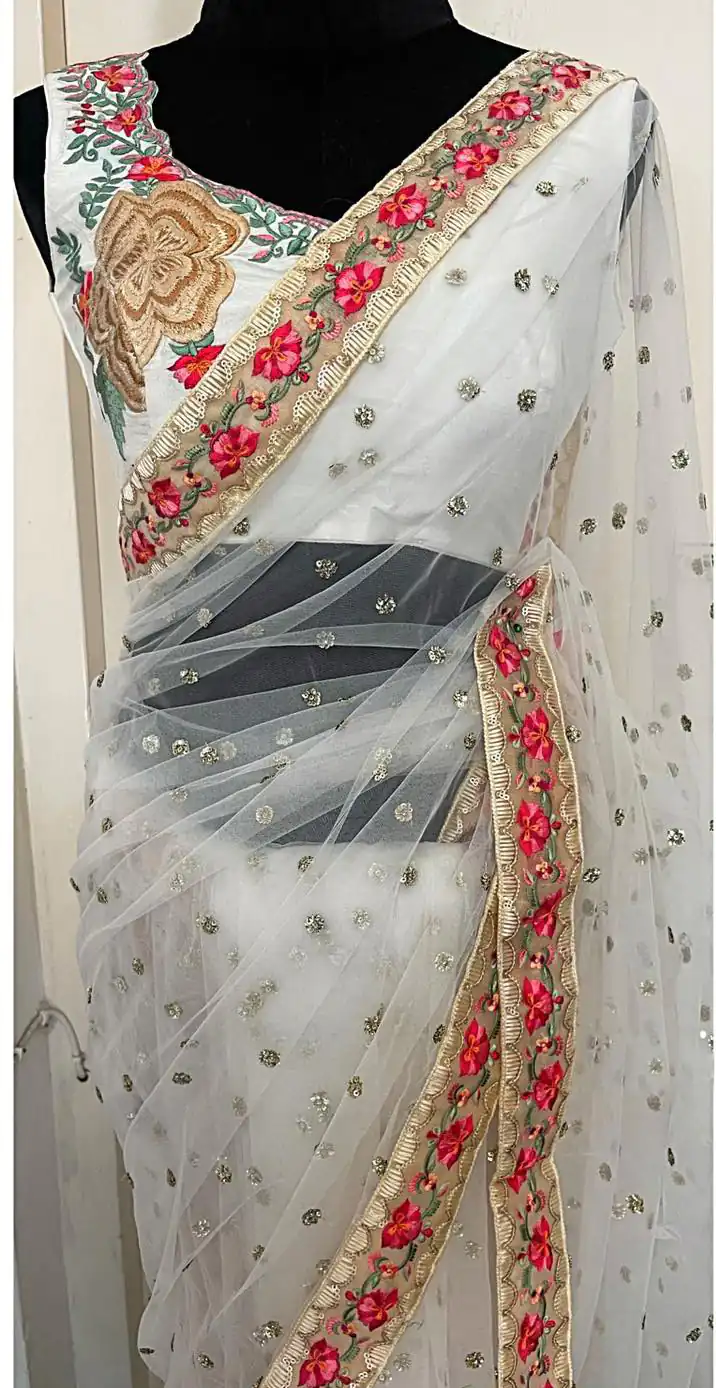 KT 233 White Color Nylon Butterfly Net Thread & Zari Work Saree Blouse: Bangalore Silk Casual, Party Wear, Wedding   Expected Delivery 4-6 Working Days@1799/- | Sarees, Bollywood Sarees, Creative Sarees, Designer Sarees, Embroidered Sarees, Party Wear Sarees