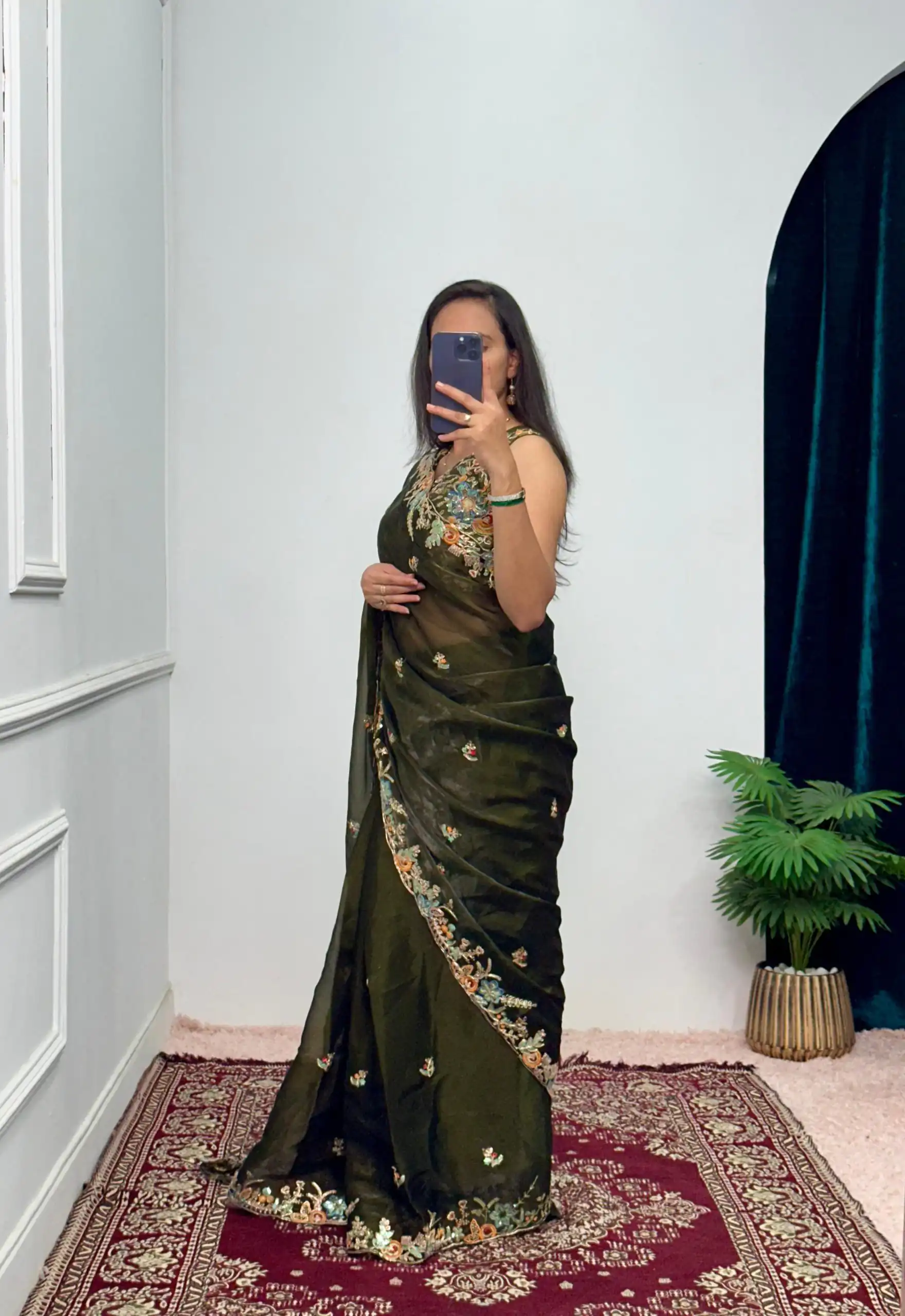 ST 472 Mehndi Color Burberry With Blooming Embroidery Saree Casual, Wedding, Party, Festive, Events Etc. Expected Delivery 4-6 Working Days @1999/- | Sarees, Bollywood Sarees, Creative Sarees, Designer Sarees, Embroidered Sarees, Ethnic Saree, Modern Digital sarees, Party Wear Sarees