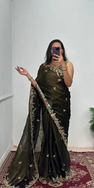 ST 472 Mehndi Color Burberry With Blooming Embroidery Saree Casual, Wedding, Party, Festive, Events Etc. Expected Delivery 4-6 Working Days @1999/- | Sarees, Bollywood Sarees, Creative Sarees, Designer Sarees, Embroidered Sarees, Ethnic Saree, Modern Digital sarees, Party Wear Sarees