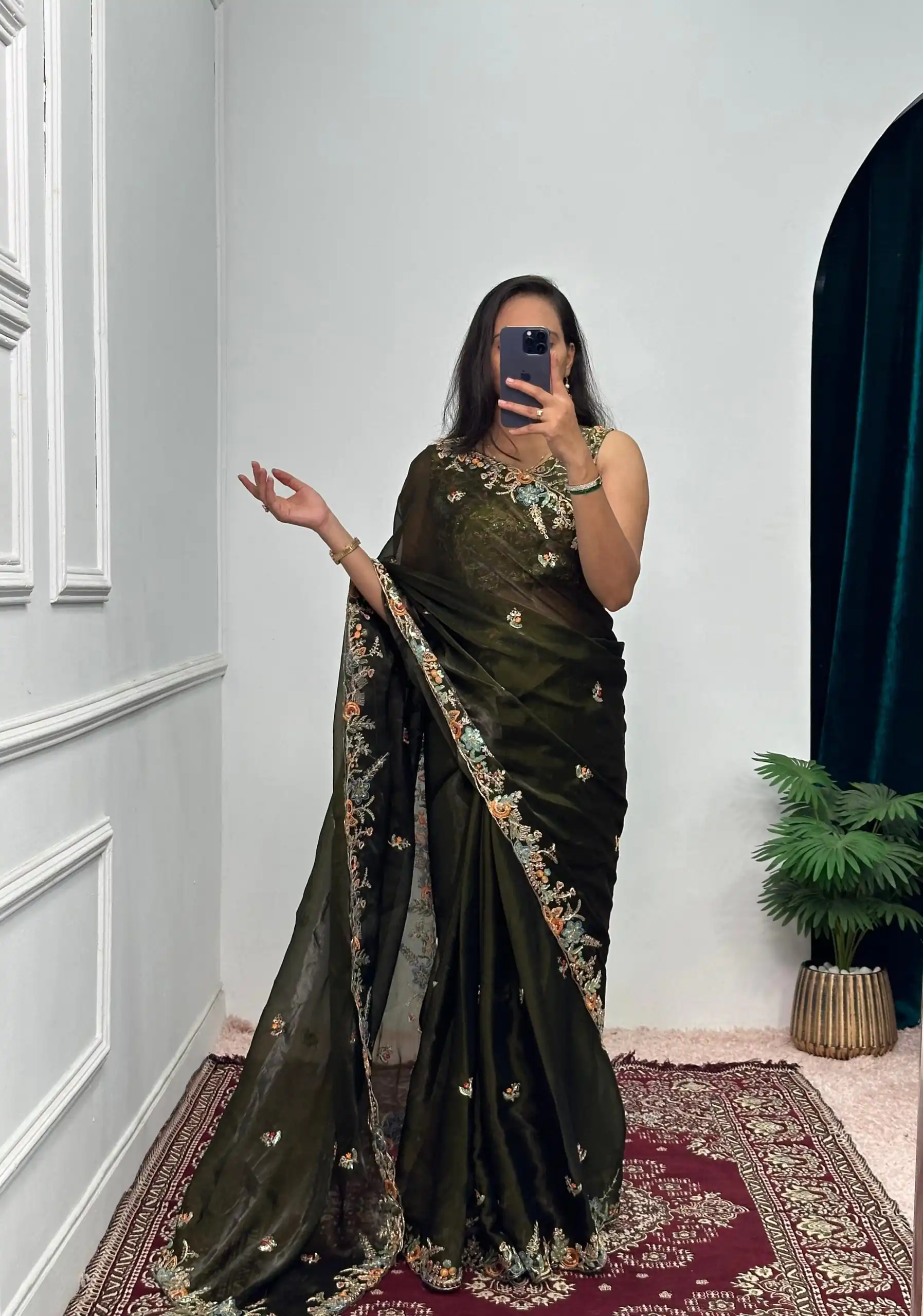 ST 472 Mehndi Color Burberry With Blooming Embroidery Saree Casual, Wedding, Party, Festive, Events Etc. Expected Delivery 4-6 Working Days @1999/- | Sarees, Bollywood Sarees, Creative Sarees, Designer Sarees, Embroidered Sarees, Ethnic Saree, Modern Digital sarees, Party Wear Sarees