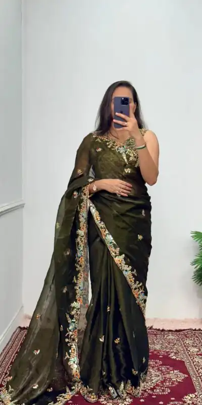 ST 472 Mehndi Color Burberry With Blooming Embroidery Saree Casual, Wedding, Party, Festive, Events Etc. Expected Delivery 4-6 Working Days @1999/- | Sarees, Bollywood Sarees, Creative Sarees, Designer Sarees, Embroidered Sarees, Ethnic Saree, Modern Digital sarees, Party Wear Sarees