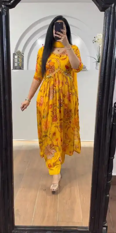 LG 1838 Mustard Color Chinon Printed And Sequence Embroidery Salwar Suit Casual, Wedding, Festive, Events Expected Delivery 4-6 Working Days @1799/- | Jump Suits, Salwar suit, Designer Suits, Casual Suits, Creative suits, Palazzo Suits, Party Wear Suits, Patiala Suits, Straight Suits