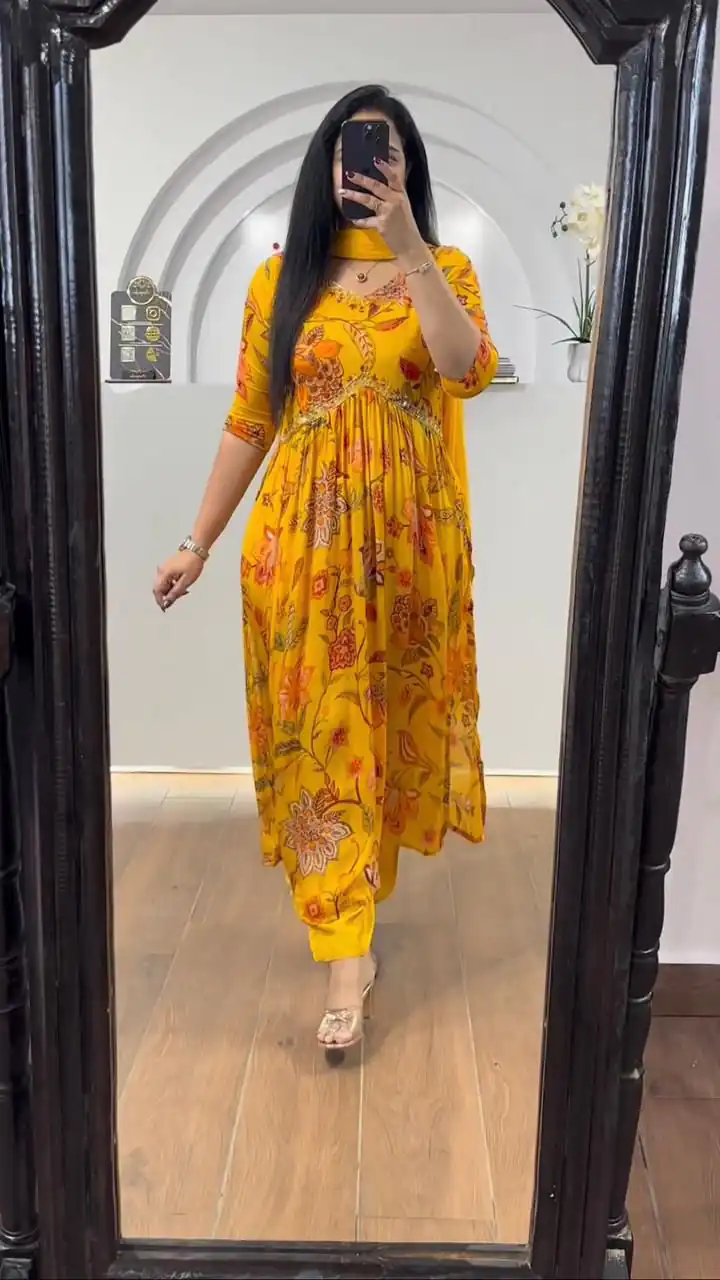 LG 1838 Mustard Color Chinon Printed And Sequence Embroidery Salwar Suit Casual, Wedding, Festive, Events Expected Delivery 4-6 Working Days @1799/- | Jump Suits, Salwar suit, Designer Suits, Casual Suits, Creative suits, Palazzo Suits, Party Wear Suits, Patiala Suits, Straight Suits