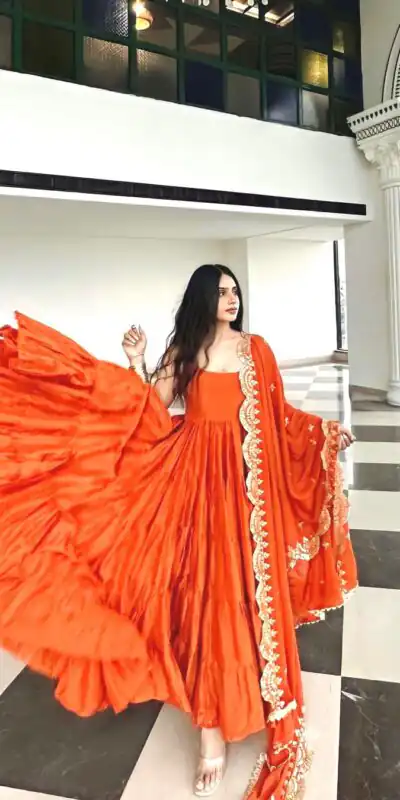 SSR 391 Orange Color Chinon Silk Embroidery Sequence Anarkali Suit Wedding, Party, Festive, Events Expected Delivery 4-6 Working Days @ 1849/- Only | Anarkali Suits, Bollywood Anarkali, Creative-Anarkali, Designer Anarkali, Embroidered Anarkali, Party Wear Anarkali, Straight Suits