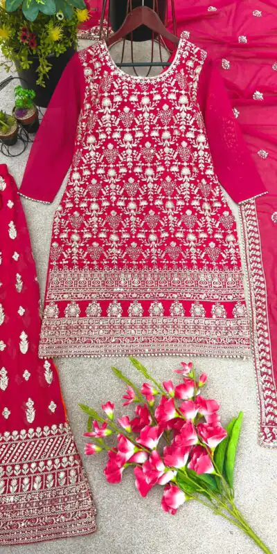 SR 1609 Pink Georgette Embroidery Sequence Rivet Moti Work Sharara Suit Wedding, Party, Festive, Events Etc.   Expected Delivery 4-6 Working Days @2249/- | Jump Suits, Salwar suit, Designer Suits, Casual Suits, Creative suits, Palazzo Suits, Party Wear Suits, Patiala Suits, Straight Suits