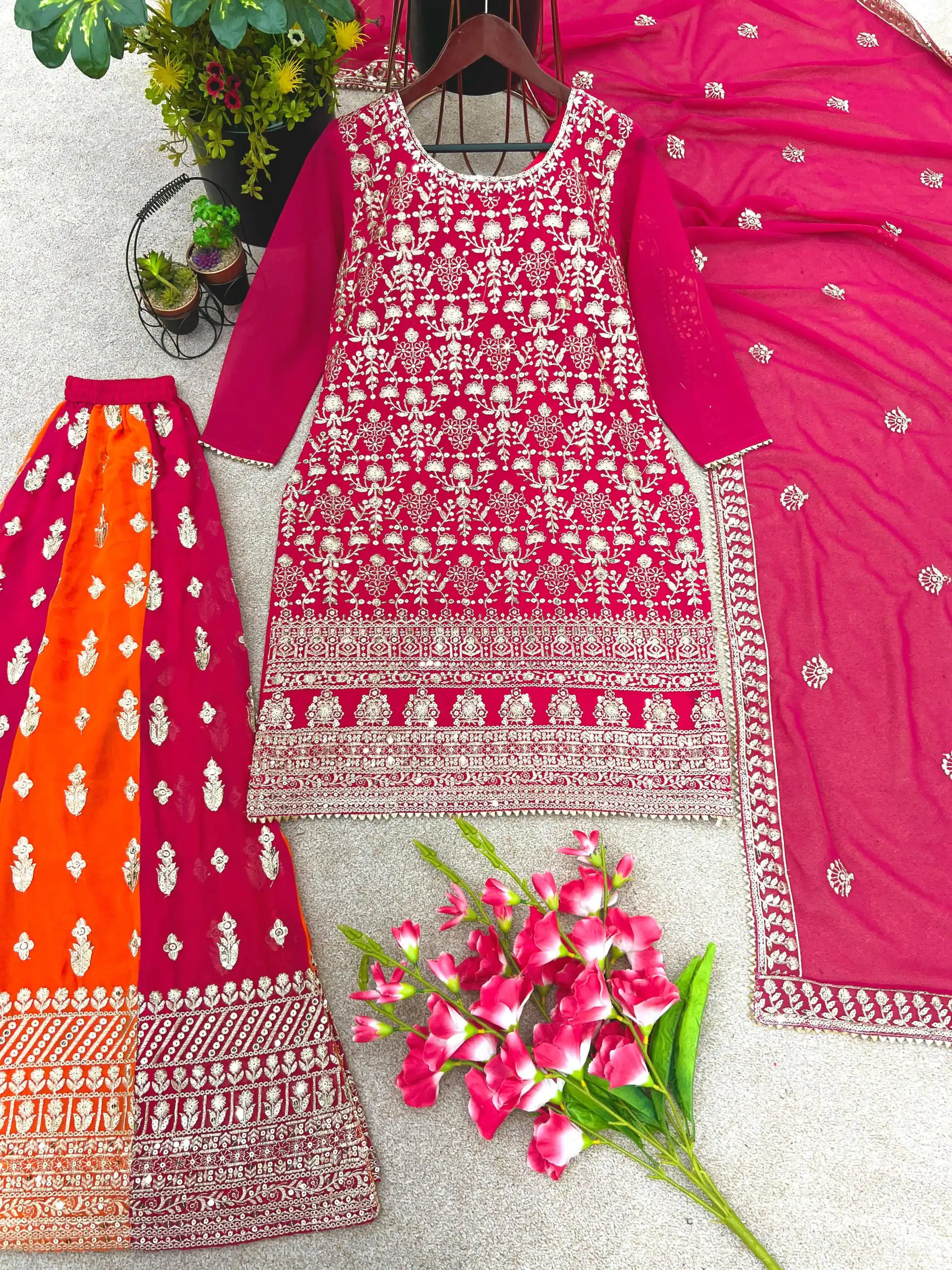 SR 1609 Pink Georgette Embroidery Sequence Rivet Moti Work Sharara Suit Wedding, Party, Festive, Events Etc.   Expected Delivery 4-6 Working Days @2249/- | Jump Suits, Salwar suit, Designer Suits, Casual Suits, Creative suits, Palazzo Suits, Party Wear Suits, Patiala Suits, Straight Suits