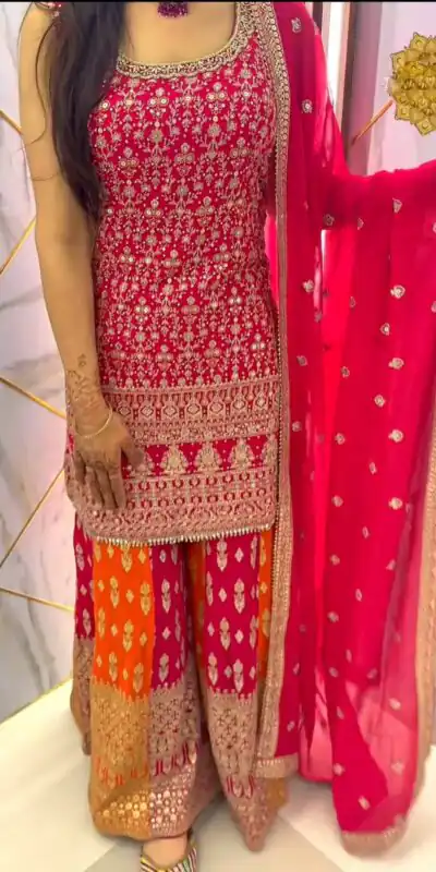 SR 1609 Pink Georgette Embroidery Sequence Rivet Moti Work Sharara Suit Wedding, Party, Festive, Events Etc. Expected Delivery 4-6 Working Days @2249/- | Jump Suits, Salwar suit, Designer Suits, Casual Suits, Creative suits, Palazzo Suits, Party Wear Suits, Patiala Suits, Straight Suits