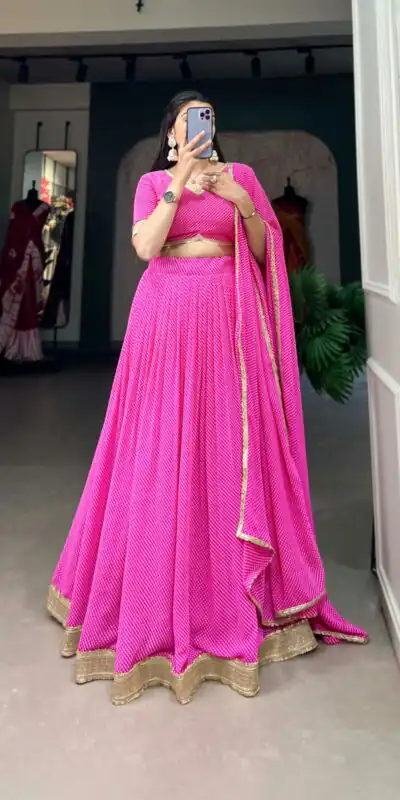 LNB 1212 Pink Color Georgette Print With Lace Border Lehenga Choli Festive Party Wedding, Events etc. Delivery 4-6 Working Days @2149/- | Lehenga, Bollywood Lehenga, Creative Lehenga, Designer Lehenga, Embroidered Lehenga, Party Wear Lehenga