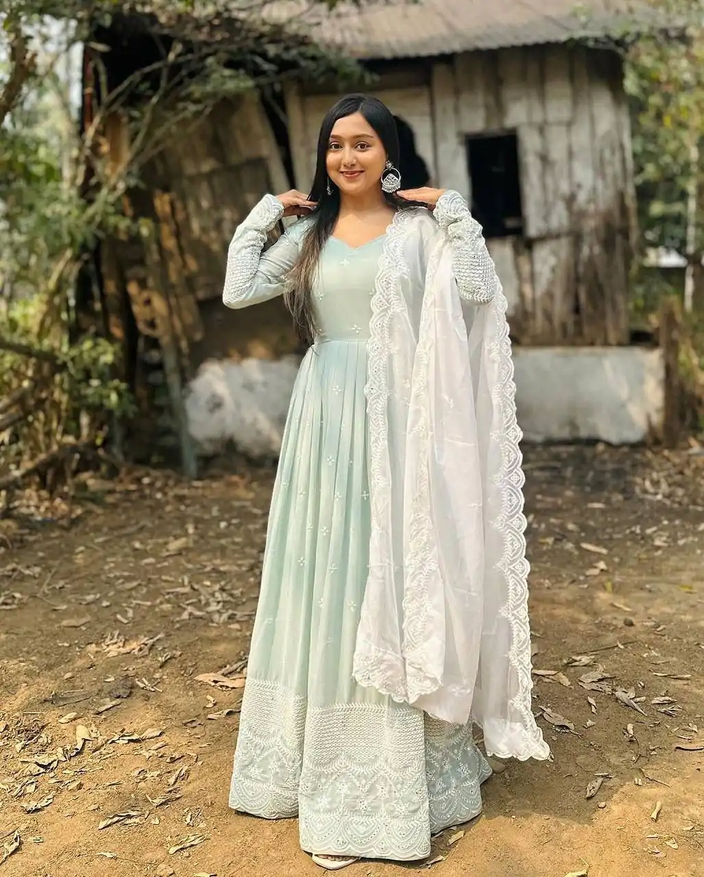   DC G47 Pista Green Color Georgette Embroidery Sequence Gown Casual, Wedding, Party, Festive, Events Etc. Expected Delivery 4-6 Working Days @2449/- | Gowns, Bollywood Gowns, Creative Gowns, Designer Gowns, Embroidered Gowns, Party Wear Gowns