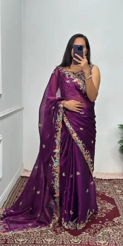 ST 472 Purple Color Burberry With Blooming Embroidery Saree Casual, Wedding, Party, Festive, Events Etc. Expected Delivery 4-6 Working Days @1999/- | Sarees, Bollywood Sarees, Creative Sarees, Designer Sarees, Embroidered Sarees, Ethnic Saree, Modern Digital sarees, Party Wear Sarees