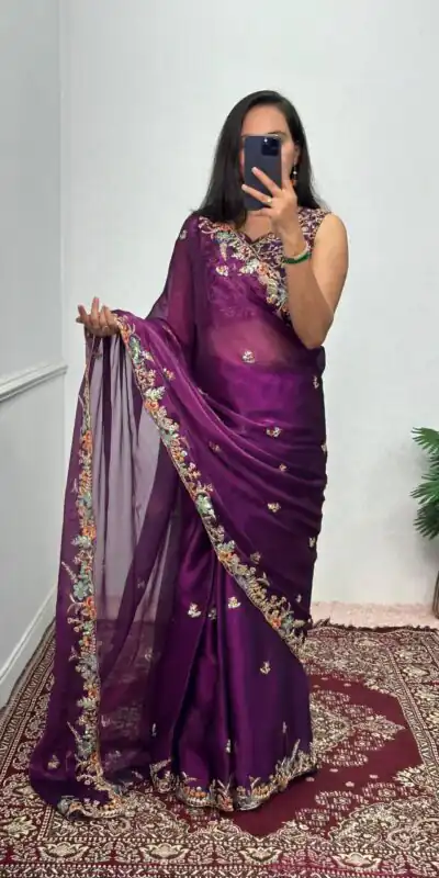 ST 472 Purple Color Burberry With Blooming Embroidery Saree Casual, Wedding, Party, Festive, Events Etc. Expected Delivery 4-6 Working Days @1999/- | Sarees, Bollywood Sarees, Creative Sarees, Designer Sarees, Embroidered Sarees, Ethnic Saree, Modern Digital sarees, Party Wear Sarees