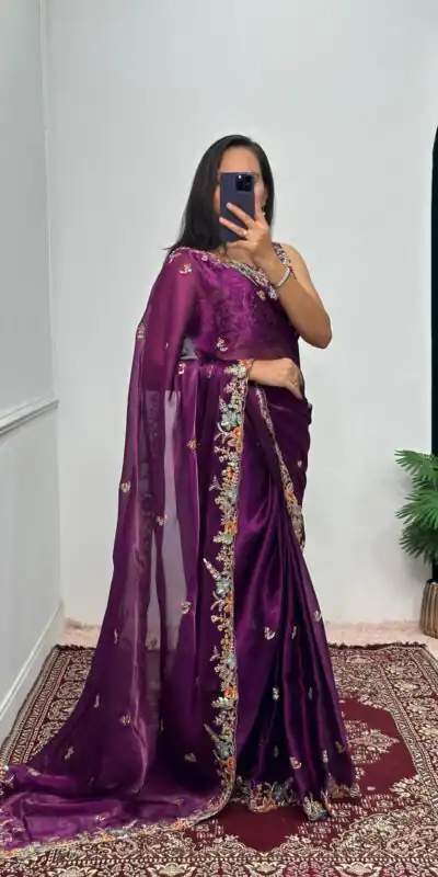 ST 472 Purple Color Burberry With Blooming Embroidery Saree Casual, Wedding, Party, Festive, Events Etc. Expected Delivery 4-6 Working Days @1999/- | Sarees, Bollywood Sarees, Creative Sarees, Designer Sarees, Embroidered Sarees, Ethnic Saree, Modern Digital sarees, Party Wear Sarees