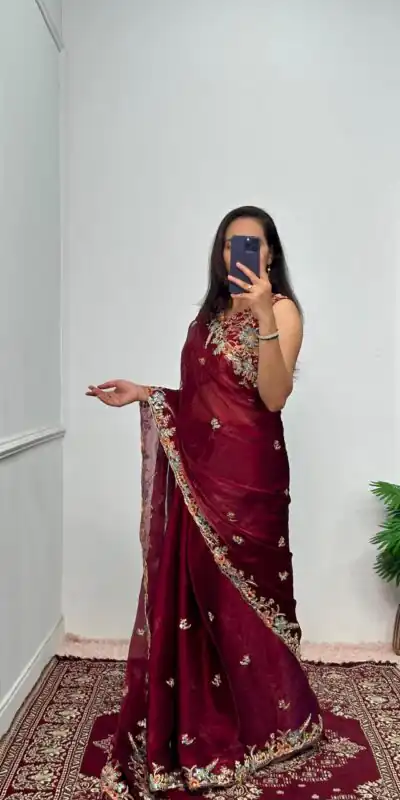 ST 472 Red Color Burberry With Blooming Embroidery Saree Casual, Wedding, Party, Festive, Events Etc. Expected Delivery 4-6 Working Days @1999/- | Sarees, Bollywood Sarees, Creative Sarees, Designer Sarees, Embroidered Sarees, Ethnic Saree, Modern Digital sarees, Party Wear Sarees