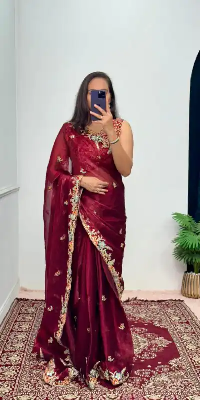 ST 472 Red Color Burberry With Blooming Embroidery Saree Casual, Wedding, Party, Festive, Events Etc. Expected Delivery 4-6 Working Days @1999/- | Sarees, Bollywood Sarees, Creative Sarees, Designer Sarees, Embroidered Sarees, Ethnic Saree, Modern Digital sarees, Party Wear Sarees