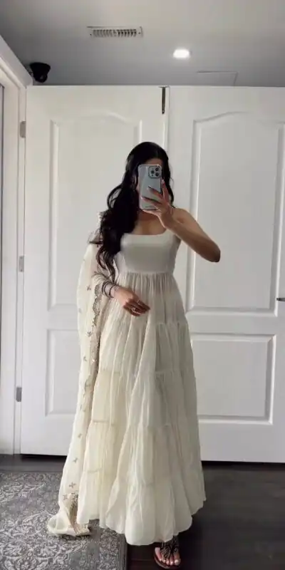 SSR 391 White Color Chinon Silk Embroidery Sequence Anarkali Suit Wedding, Party, Festive, Events Expected Delivery 4-6 Working Days @ 1849/- Only | Anarkali Suits, Bollywood Anarkali, Creative-Anarkali, Designer Anarkali, Embroidered Anarkali, Party Wear Anarkali, Straight Suits