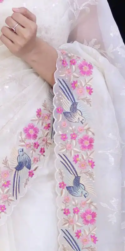 ST 455 White Color Georgette Cotton Thread Embroidery Saree Casual, Wedding, Party, Festive, Events Etc. Expected Delivery 4-6 Working Days @1949/- | Sarees, Bollywood Sarees, Creative Sarees, Designer Sarees, Embroidered Sarees, Ethnic Saree, Modern Digital sarees, Party Wear Sarees