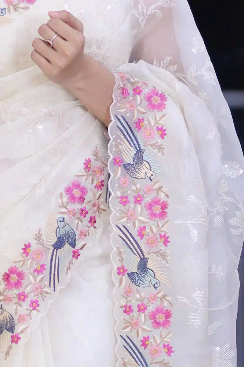 ST 455 White Color Georgette Cotton Thread Embroidery Saree Casual, Wedding, Party, Festive, Events Etc. Expected Delivery 4-6 Working Days @1949/- | Sarees, Bollywood Sarees, Creative Sarees, Designer Sarees, Embroidered Sarees, Ethnic Saree, Modern Digital sarees, Party Wear Sarees