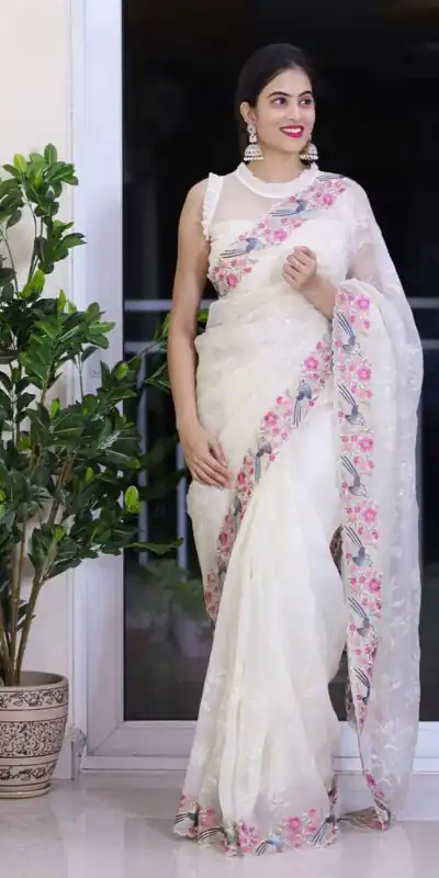 ST 455 White Color Georgette Cotton Thread Embroidery Saree Casual, Wedding, Party, Festive, Events Etc. Expected Delivery 4-6 Working Days @1949/- | Sarees, Bollywood Sarees, Creative Sarees, Designer Sarees, Embroidered Sarees, Ethnic Saree, Modern Digital sarees, Party Wear Sarees