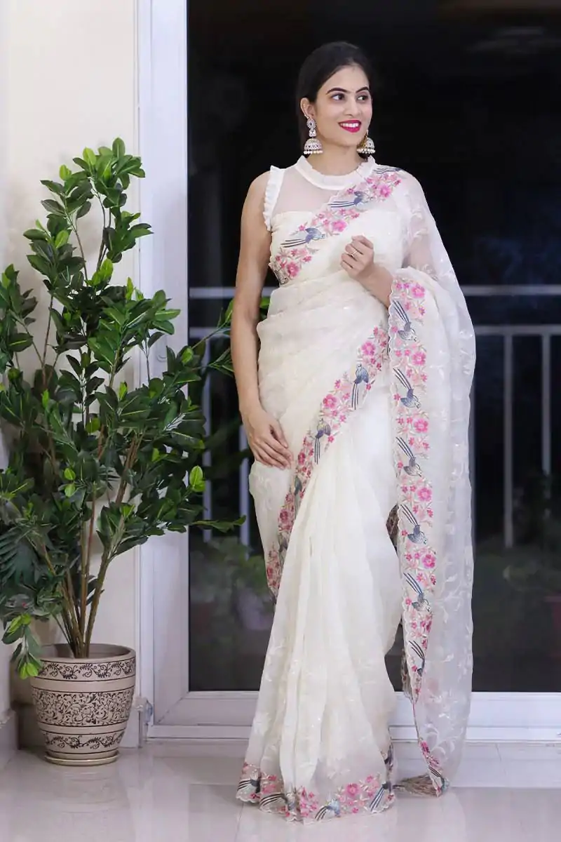 ST 455 White Color Georgette Cotton Thread Embroidery Saree Casual, Wedding, Party, Festive, Events Etc. Expected Delivery 4-6 Working Days @1949/- | Sarees, Bollywood Sarees, Creative Sarees, Designer Sarees, Embroidered Sarees, Ethnic Saree, Modern Digital sarees, Party Wear Sarees