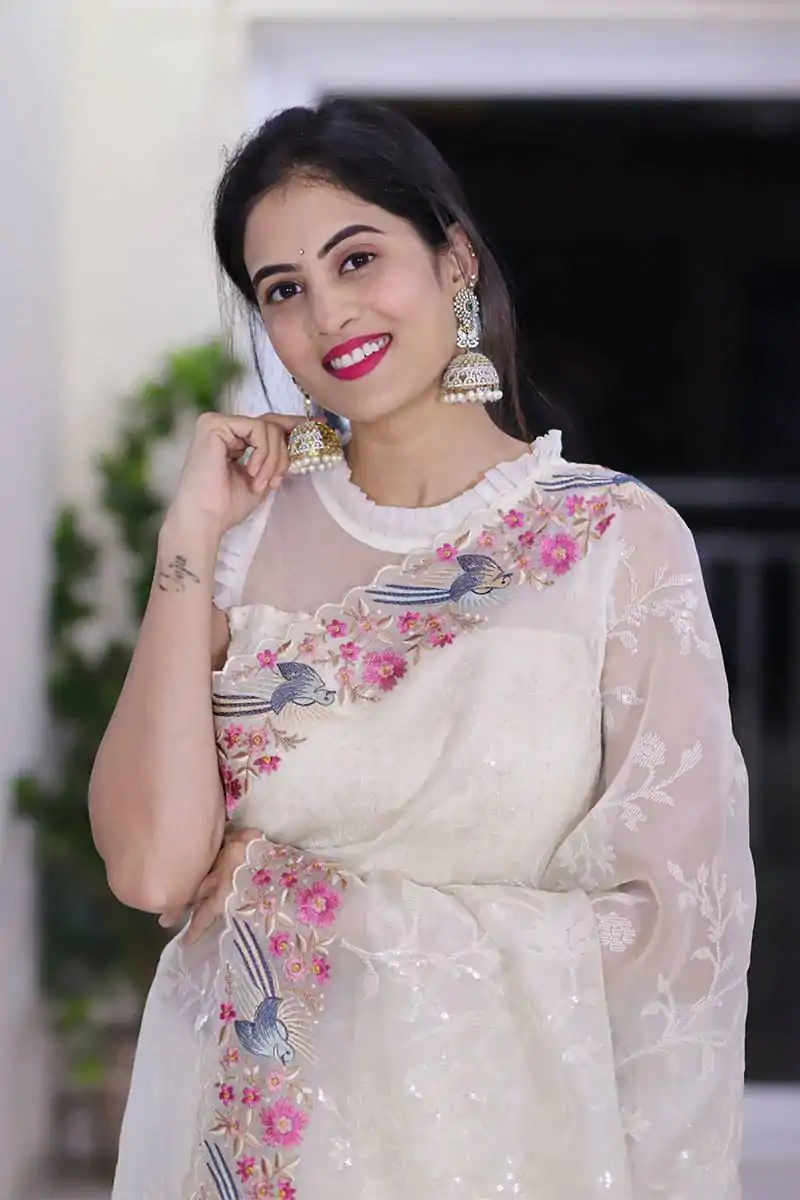 ST 455 White Color Georgette Cotton Thread Embroidery Saree Casual, Wedding, Party, Festive, Events Etc. Expected Delivery 4-6 Working Days @1949/- | Sarees, Bollywood Sarees, Creative Sarees, Designer Sarees, Embroidered Sarees, Ethnic Saree, Modern Digital sarees, Party Wear Sarees