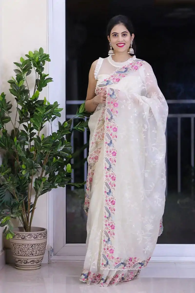 ST 455 White Color Georgette Cotton Thread Embroidery Saree Casual, Wedding, Party, Festive, Events Etc. Expected Delivery 4-6 Working Days @1949/- | Sarees, Bollywood Sarees, Creative Sarees, Designer Sarees, Embroidered Sarees, Ethnic Saree, Modern Digital sarees, Party Wear Sarees