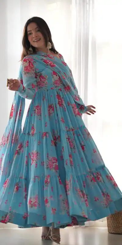 KB 268 Blue color Pure Soft Faux Georgette Floral Printed Anarkali Suit Casual, Wedding, Party, Festive, Events . Expected Delivery  4-6 Working Days @1999 | Anarkali Suits, Bollywood Anarkali, Creative-Anarkali, Designer Anarkali, Embroidered Anarkali, Party Wear Anarkali