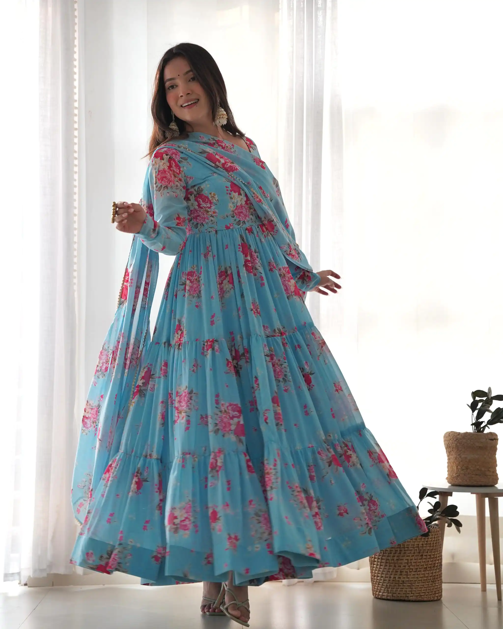 KB 268 Blue color Pure Soft Faux Georgette Floral Printed Anarkali Suit Casual, Wedding, Party, Festive, Events . Expected Delivery  4-6 Working Days @1999 | Anarkali Suits, Bollywood Anarkali, Creative-Anarkali, Designer Anarkali, Embroidered Anarkali, Party Wear Anarkali