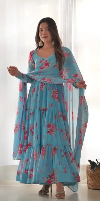 KB 268 Blue color Pure Soft Faux Georgette Floral Printed Anarkali Suit Casual, Wedding, Party, Festive, Events . Expected Delivery  4-6 Working Days @1999 | Anarkali Suits, Bollywood Anarkali, Creative-Anarkali, Designer Anarkali, Embroidered Anarkali, Party Wear Anarkali