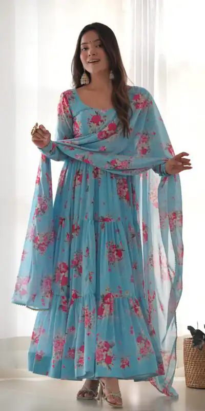 KB 268 Blue color Pure Soft Faux Georgette Floral Printed Anarkali Suit Casual, Wedding, Party, Festive, Events . Expected Delivery  4-6 Working Days @1999 | Anarkali Suits, Bollywood Anarkali, Creative-Anarkali, Designer Anarkali, Embroidered Anarkali, Party Wear Anarkali