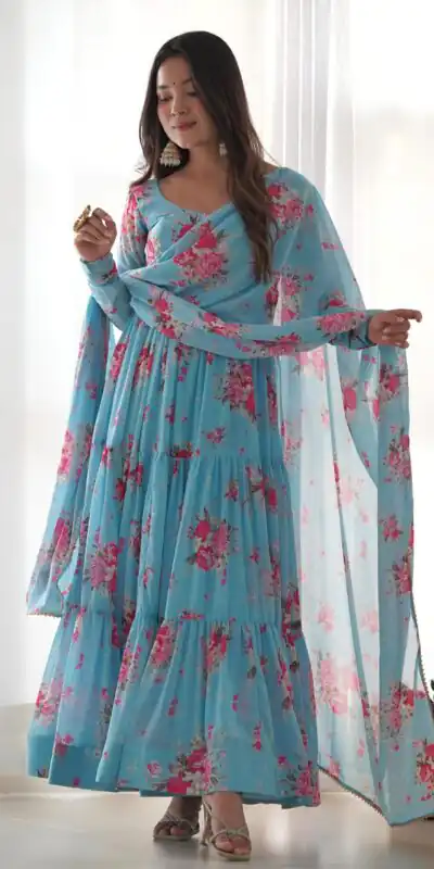 KB 268 Blue color Pure Soft Faux Georgette Floral Printed Anarkali Suit Casual, Wedding, Party, Festive, Events . Expected Delivery  4-6 Working Days @1999 | Anarkali Suits, Bollywood Anarkali, Creative-Anarkali, Designer Anarkali, Embroidered Anarkali, Party Wear Anarkali