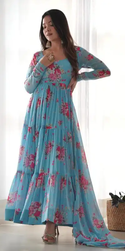 KB 268 Blue color Pure Soft Faux Georgette Floral Printed Anarkali Suit Casual, Wedding, Party, Festive, Events . Expected Delivery  4-6 Working Days @1999 | Anarkali Suits, Bollywood Anarkali, Creative-Anarkali, Designer Anarkali, Embroidered Anarkali, Party Wear Anarkali