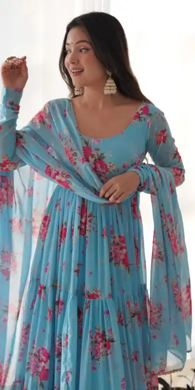 KB 268 Blue color Pure Soft Faux Georgette Floral Printed Anarkali Suit Casual, Wedding, Party, Festive, Events . Expected Delivery  4-6 Working Days @1999 | Anarkali Suits, Bollywood Anarkali, Creative-Anarkali, Designer Anarkali, Embroidered Anarkali, Party Wear Anarkali
