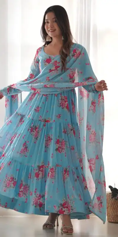 KB 268 Blue color Pure Soft Faux Georgette Floral Printed Anarkali Suit Casual, Wedding, Party, Festive, Events . Expected Delivery 4-6 Working Days @1999 | Anarkali Suits, Bollywood Anarkali, Creative-Anarkali, Designer Anarkali, Embroidered Anarkali, Party Wear Anarkali