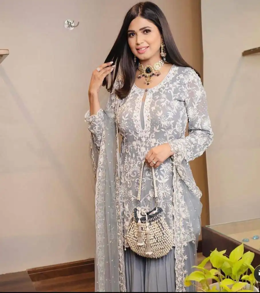 SR 1432 Blue Grey Color Heavy Georgette Embroidery Work Sharara Suit Wedding, Party, Festive, Events Etc. Expected Delivery 4-6 Working Days @1999 | Salwar suit, Designer Suits, Casual Suits, Creative suits, Palazzo Suits, Party Wear Suits, Straight Suits