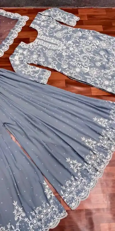 SR 1432 Blue Grey Color Heavy Georgette Embroidery Work Sharara Suit Wedding, Party, Festive, Events Etc. Expected Delivery 4-6 Working Days @1999 | Salwar suit, Designer Suits, Casual Suits, Creative suits, Palazzo Suits, Party Wear Suits, Straight Suits