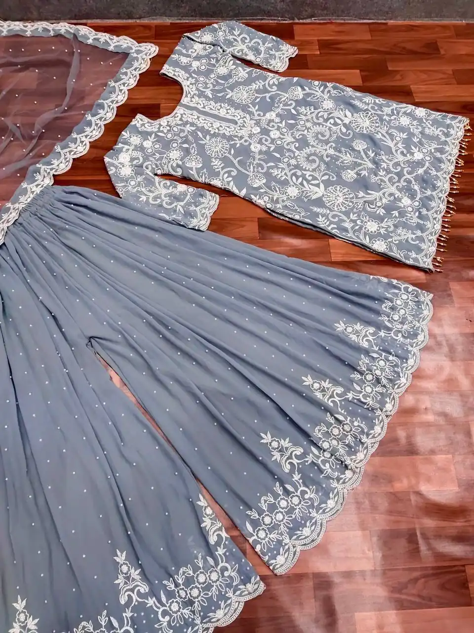 SR 1432 Blue Grey Color Heavy Georgette Embroidery Work Sharara Suit Wedding, Party, Festive, Events Etc. Expected Delivery 4-6 Working Days @1999 | Salwar suit, Designer Suits, Casual Suits, Creative suits, Palazzo Suits, Party Wear Suits, Straight Suits