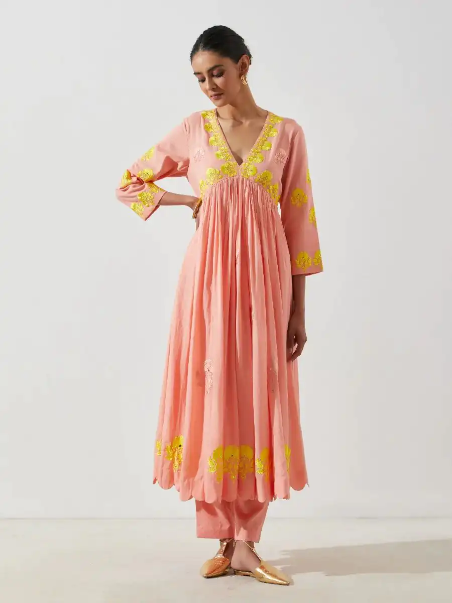 RTC 5460 Peach Color Maslin Cotton Thread Embroidery Anarkali Suit Casual, Wedding, Party, Festive, Events. Expected Delivery 4-6 Working Days @1499/- | Anarkali Suits, Bollywood Anarkali, Creative-Anarkali, Designer Anarkali, Embroidered Anarkali, Party Wear Anarkali